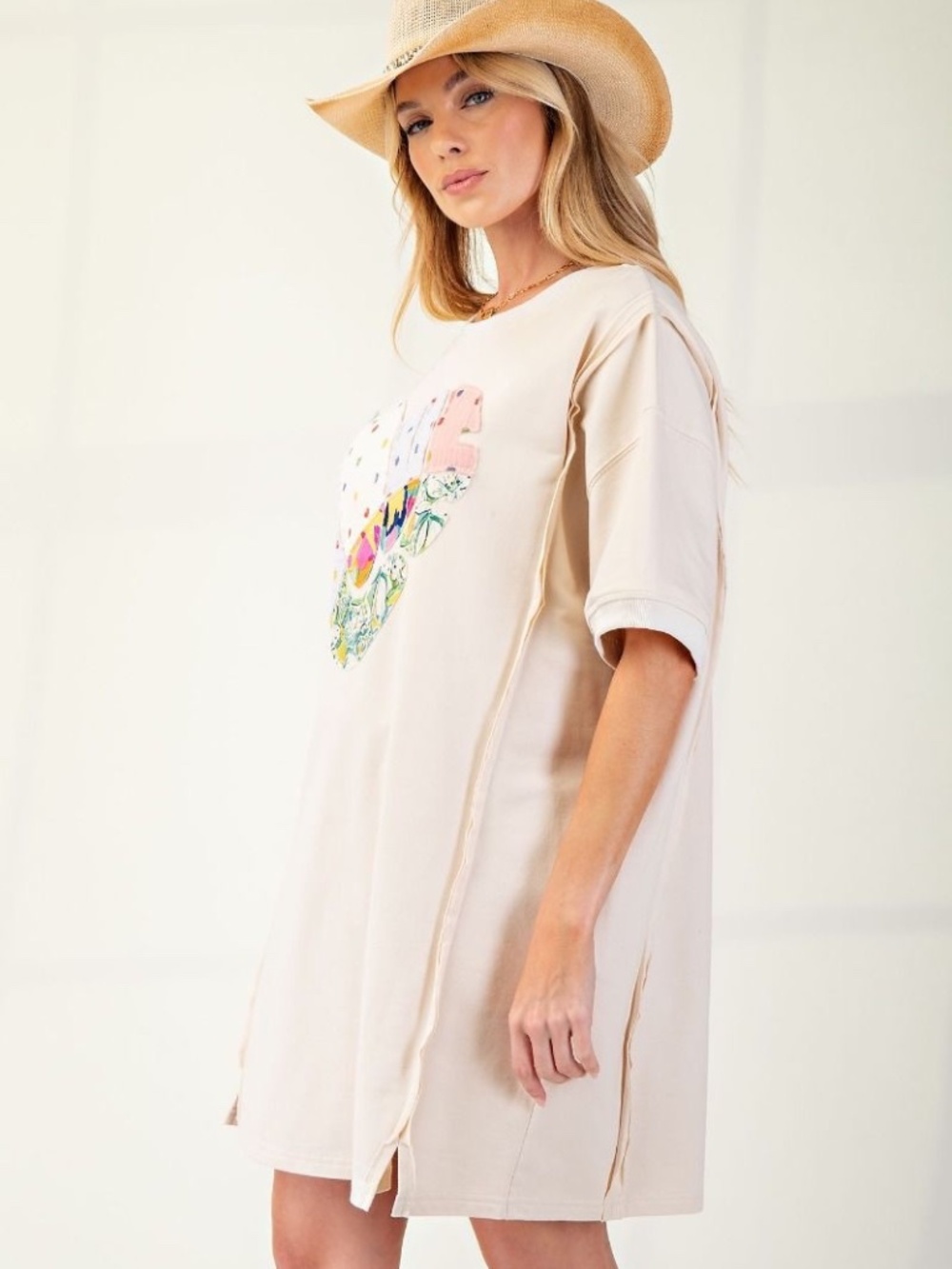 New Easel Heart Love Patch Cotton T Shirt Dress Tunic Relaxed Fit Raw Edge Hem - Picture 4 of 6